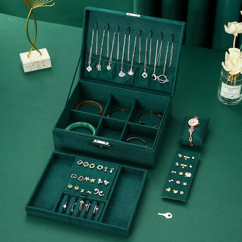 Retro style velvet jewelry box double lock storage box necklace watch earring jewelry box large capacity 240924