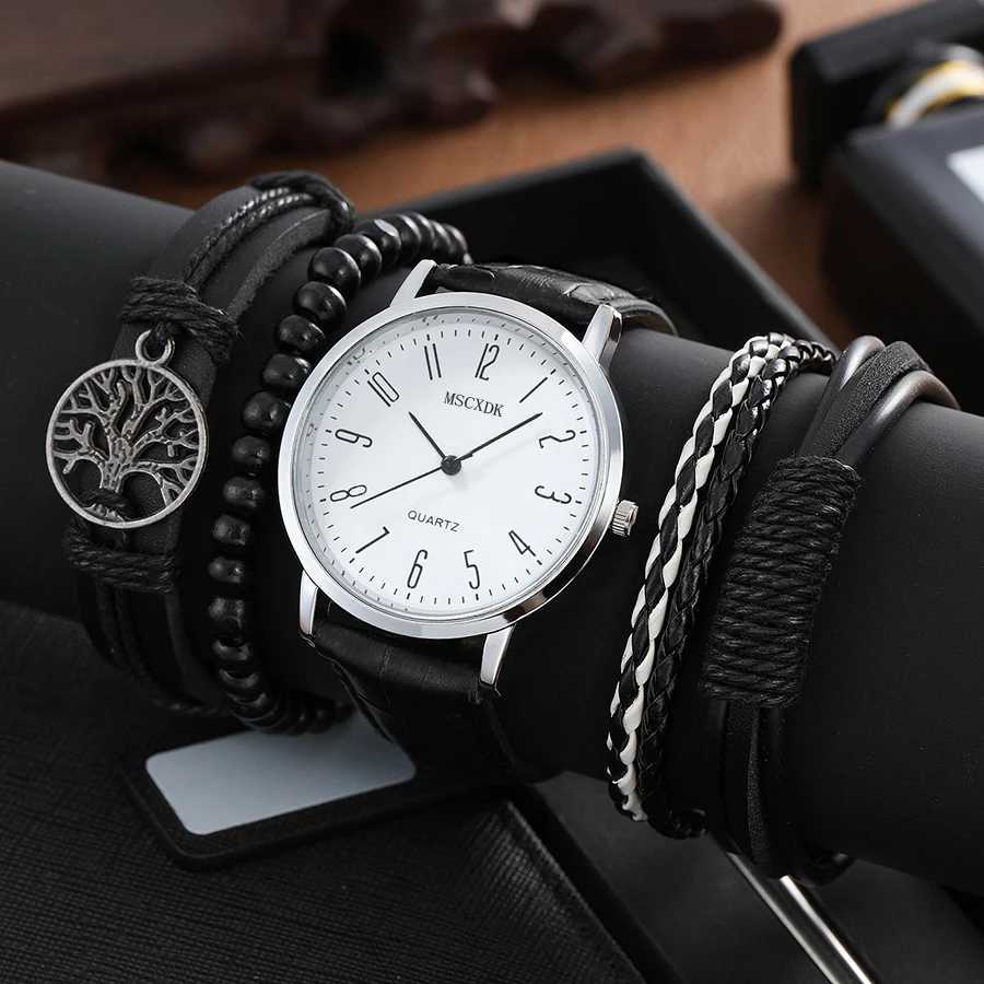 MSCXDK Brand 5pcs Black Quartz Watches Bracelet Men Business Casual Round Watch Life Tree PU Leather Bracelets SetsX241010
