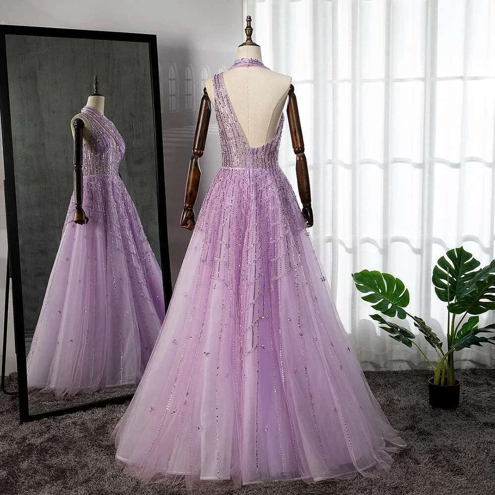 SERENE HILL Beaded Dubai Lilac Evening Dresses for Women Wedding Party 2024 Elegant Arabic Prom Formal Gowns CLA71778