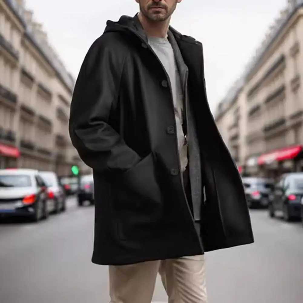 Casual Men Coat with Hooded Stylish Mens Woolen Hooded Coat with Pockets Single Breasted Mid-length Outwear for Winter Fashion LX241010