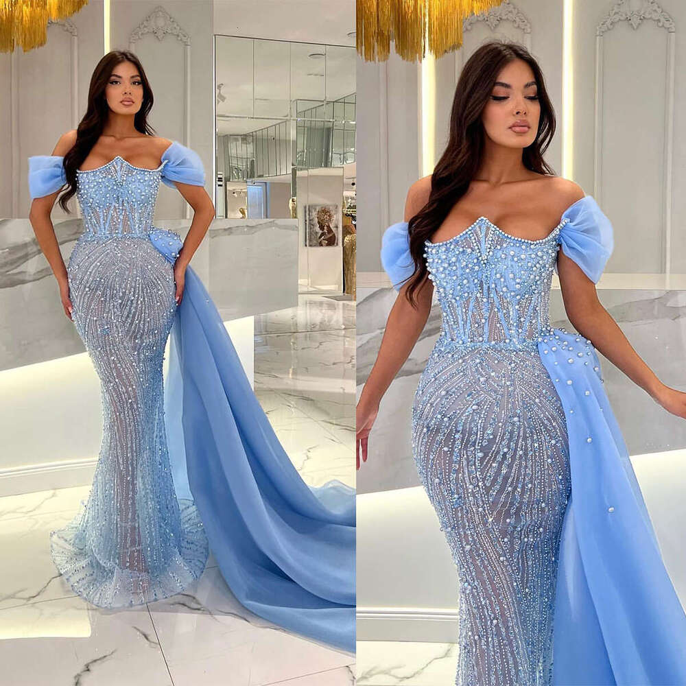 Elegant Blue Prom For Women Off Shoulder Beading Sequins Pearls Evening Dresses Custom Made