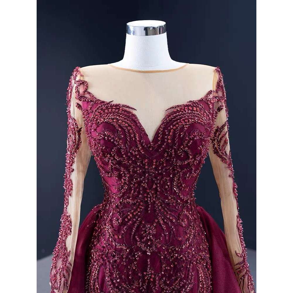 Red Birthday Party Banquet Wedding Dress Ladies Long Sleeve Sweep Train Bridal Gowns