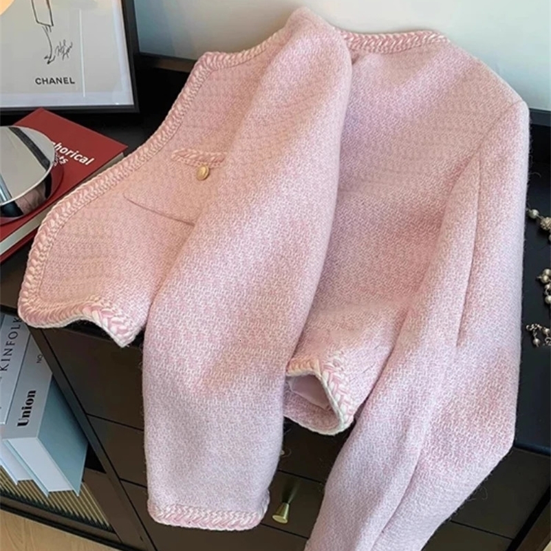 Single Breasted Elegant Cropped Coat Korean Fashion O-Neck Short Outerwear Autumn and Winter Pink Sweet Tweed Jacket Women 241010