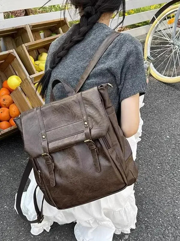 Japanese style cute Pu leather girl backpack preparatory flap school student notebook Kawaii travel womens 241008