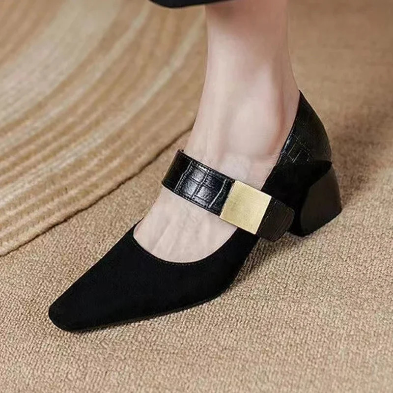 pump heel fashionable suede Mary shoes trend dress party light short and chubby womens shoes Mujer 241007