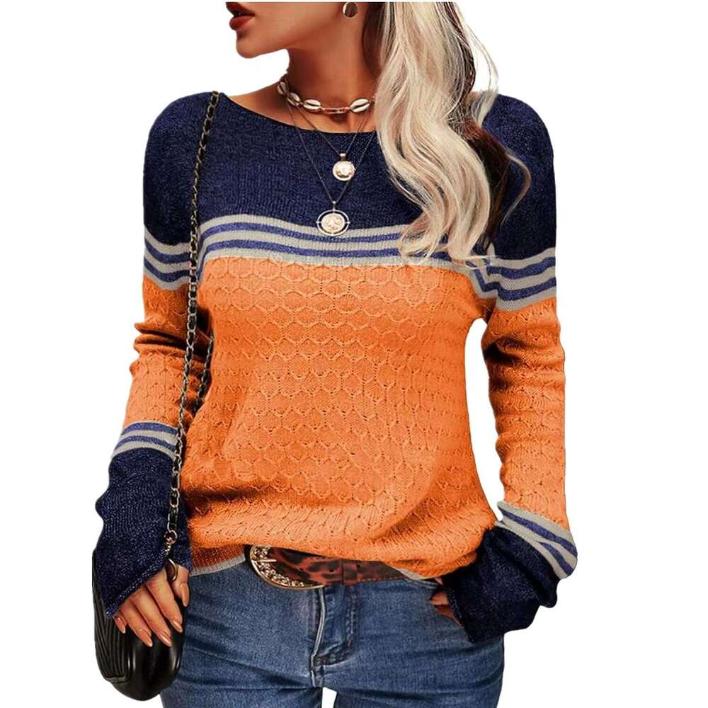 2024 autumn and winter new fashionable crochet long sleeved top with striped color blocking round neck knitted sweater for women