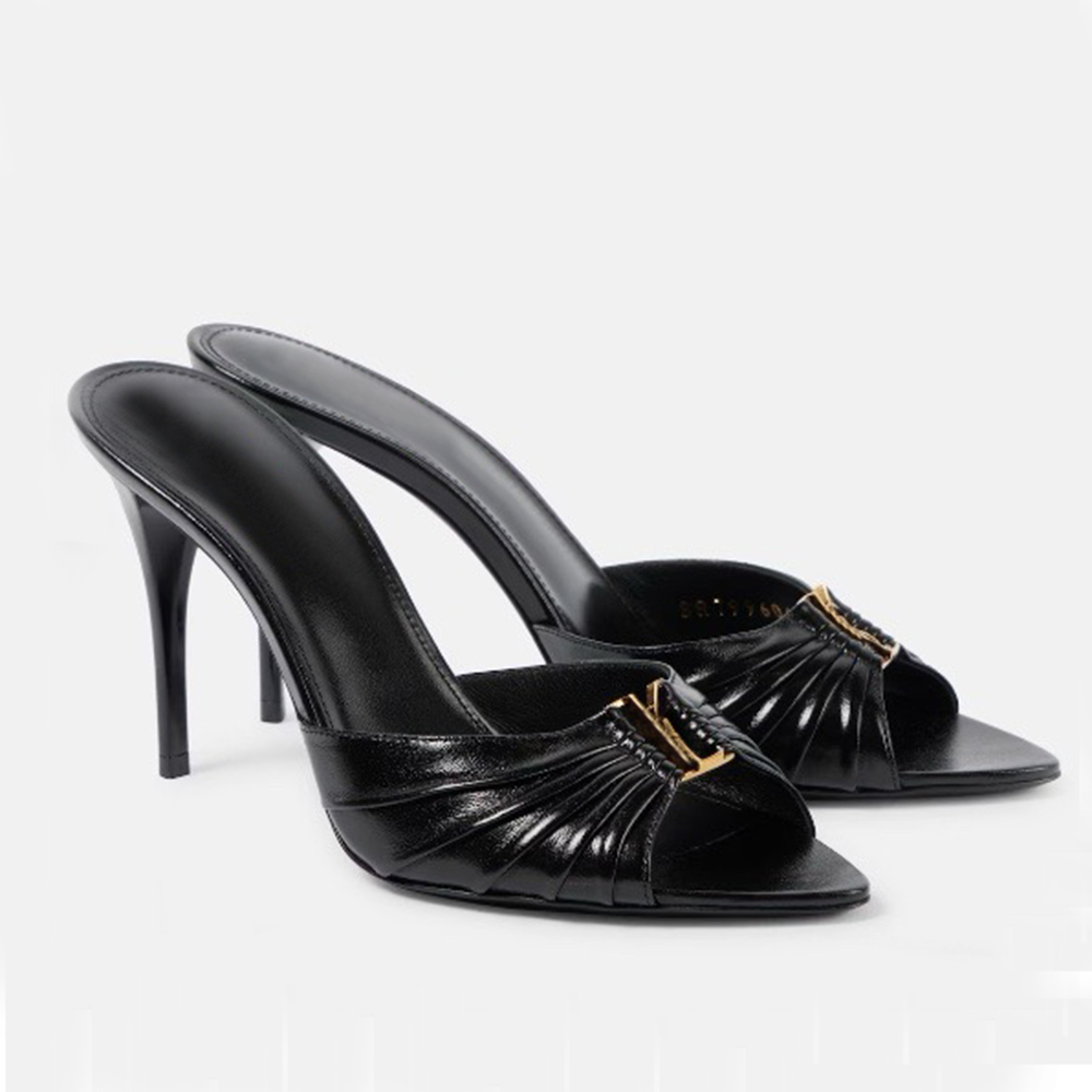 New Pleated Stiletto Heel mules Slippers 9cm 6.5cm Metal buckle decoration slip-on open toe Genuine Leather women Luxury Designers sandals factory footwear