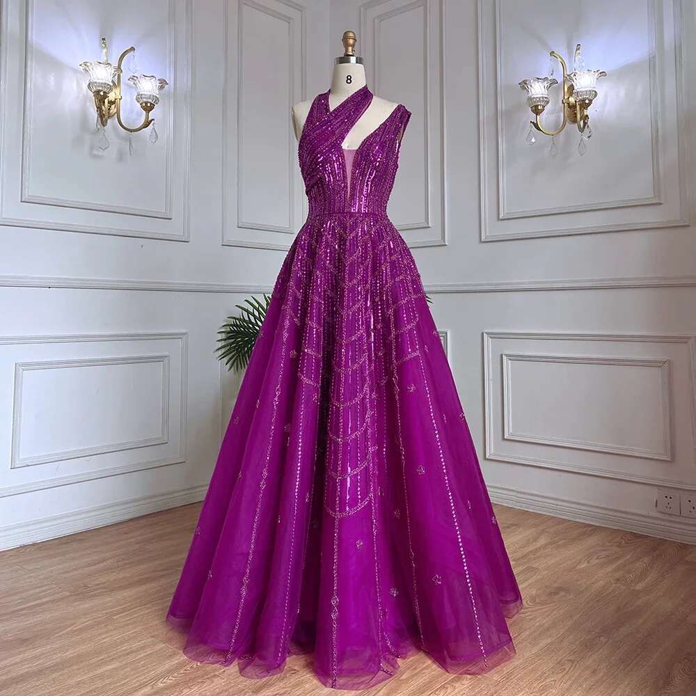 SERENE HILL Beaded Dubai Lilac Evening Dresses for Women Wedding Party 2024 Elegant Arabic Prom Formal Gowns CLA71778