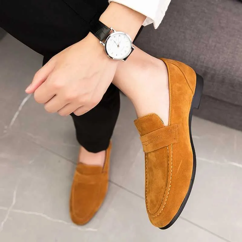 Dress British Simple Casual Black Loafers Lightweight Suede Slip-on Pointed Toe All-Matching Office Driving Mens Shoes H240807 241122