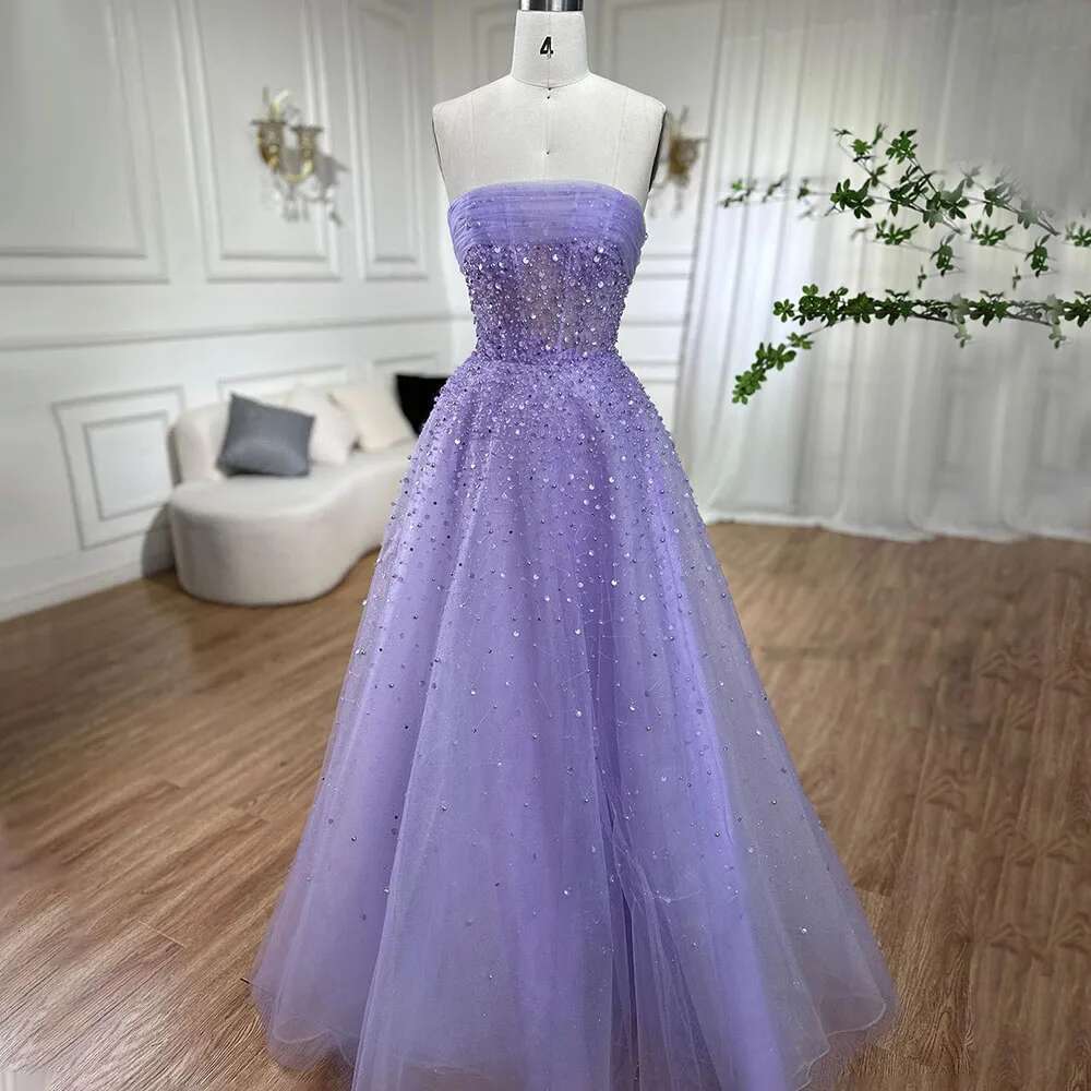 Serene Hill Arabic Beige Strapless Beaded Elegant A e Long Evening Dresses Gowns For Women Wedding Party 2024