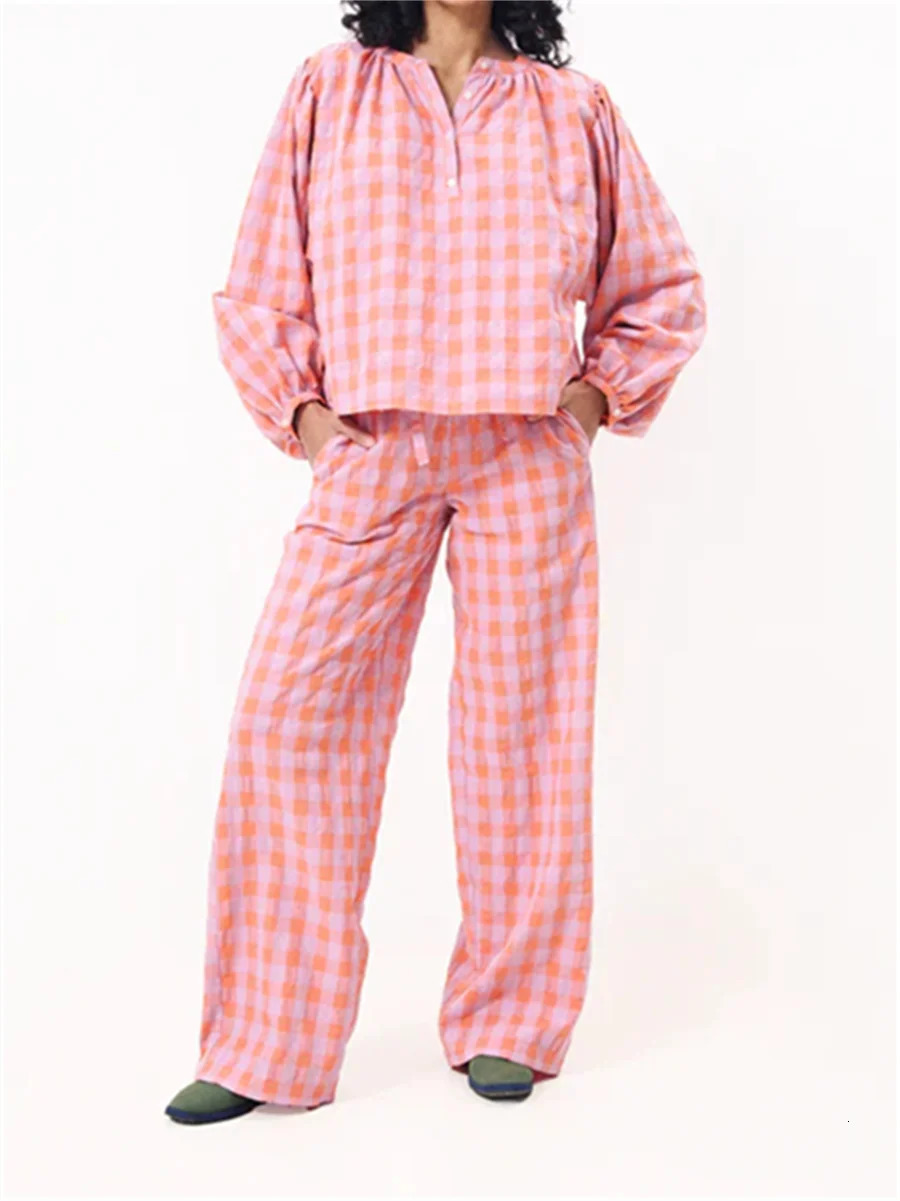 Womens Red Checkered Lounge Set Round Neck Long Sleeve Top Elastic Waist Pants 2piece Harajuku Autumn Pajama 241008