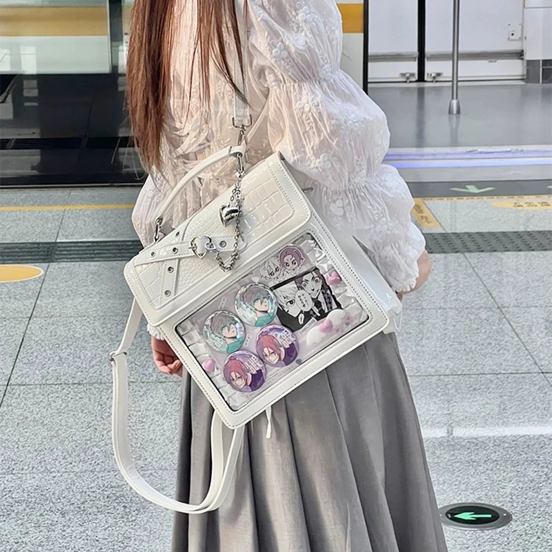 Y2K Womens Gothic Backpack Kawaii Ita Bag Fashion Shoulder Cute Girl Transparent Pocket Cross Body DIY Badge Knapsack 241008