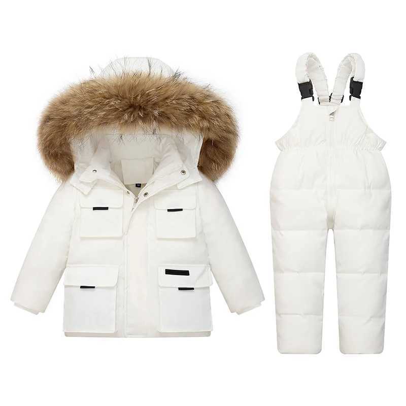 Down Coat Winter Warm 90% White duck down Jacket Toddler Girl clothes Overalls Baby Boy Coat parka real fur Children Clothing Set 2pcs H241010
