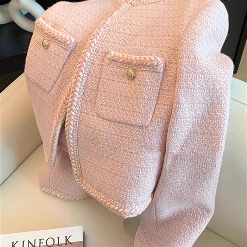 Single Breasted Elegant Cropped Coat Korean Fashion O-Neck Short Outerwear Autumn and Winter Pink Sweet Tweed Jacket Women 241010