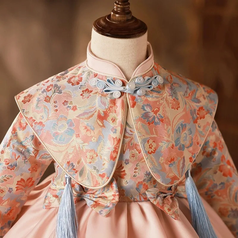 spring and autumn girlss chinese style zhuzhou pink embroidery dress 241008