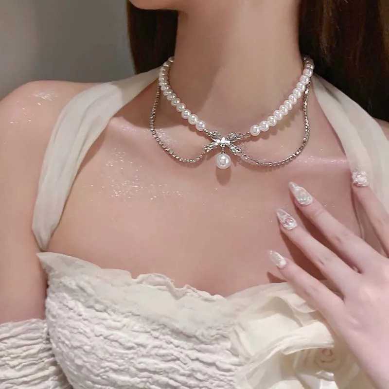 New Fashion Zircon Bowknot Pearl Necklace for Women Shiny Rhinestone Double Layer Chain Necklace Wedding Party Jewelry GiftX241009