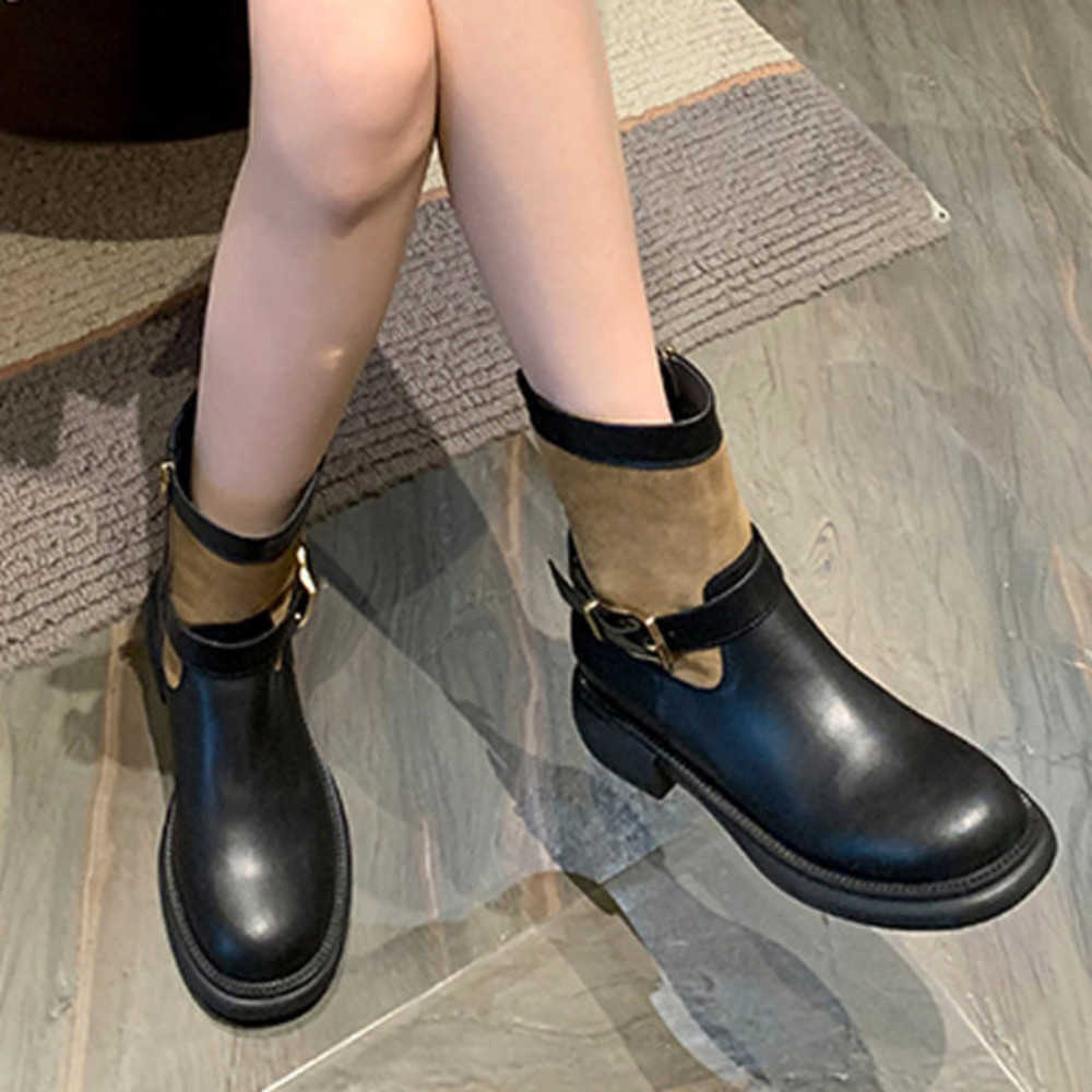 Autumn Winter Fashion Boots Color Belt Buckle Ankle Boot Leather Martin Boots Round Toe Thick Sole Heel Short Boots Slim Boots For Women 240826