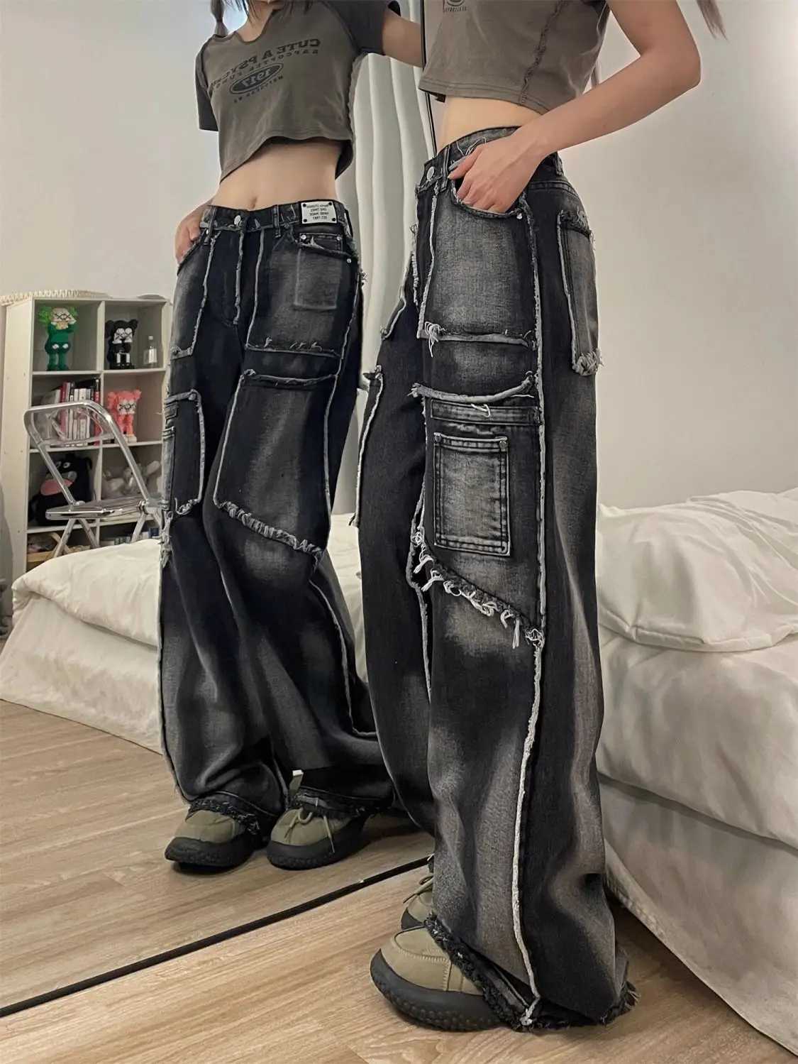 American high street hip-hop men and women trend tie dye fringed straight leg jeans autumn loose personality retro casual pantsX241009