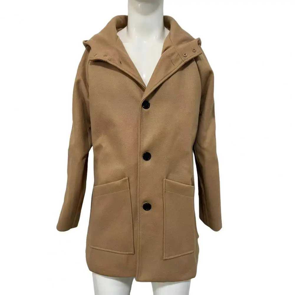 Men Coat Stylish Mens Hooded Woolen Coat with Pockets Raglan Sleeve Outwear for Winter Single Breasted Mid-length Jacket Casual LX241010