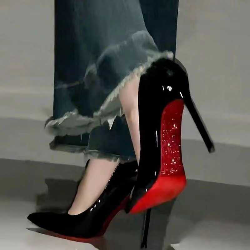 2025 Heels red bottomed shoes loafers kitten heels high heels Side empty red sole black high heels for women new sexy temperament nightclub slim heel 