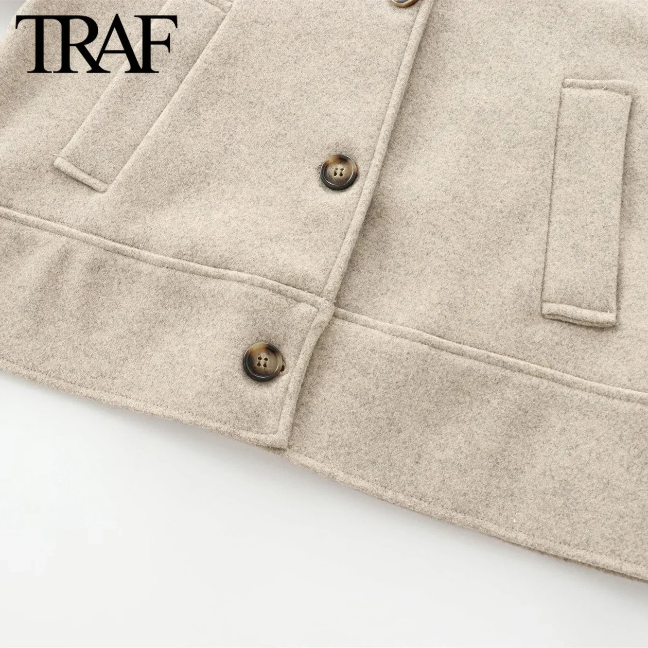 TRAF Women Fashion Autumn Winter Pocket Loose Coat Jacket Long Sleeved Single Breasted Lapel Coats Chic Ladies Tops Mujer 240930