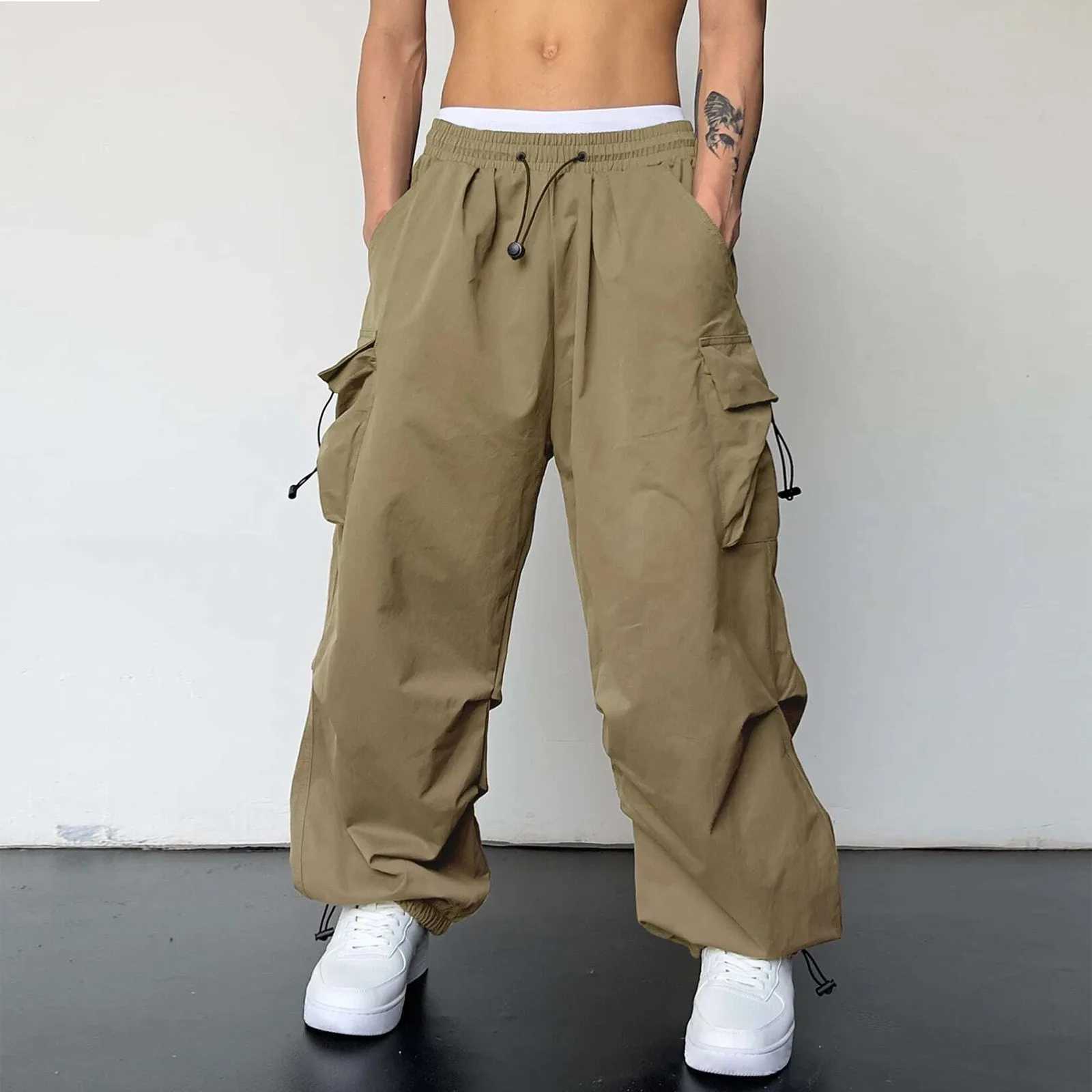 Commodity pants Harajuku mens oversized streetwear hip-hop wide leg runner pocket pants solid elastic waist multiple pockets Trouser W241009