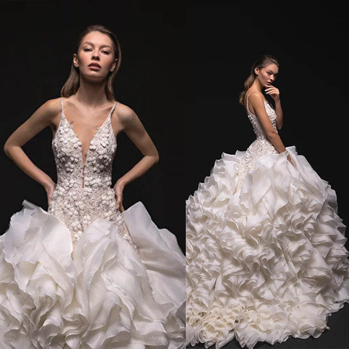 Cascading Ruffles Mermaid Wedding Dress Sexy Spaghetti Straps Tiered Ruffle Bride Dress 3D Flowers Bridal Gowns