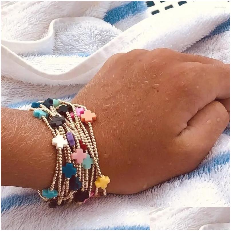 Beaded Strand Ccgood Mticolor Cross Charm Summer Bracelet For Women Pseras Gold Plated 18 K Beads Bracelets Stackable Boho Jewelry Dro Otx5W