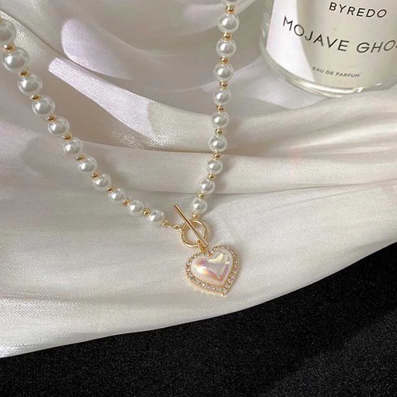2022 New Korean Fashion Chain Elegant Pearl Beads Necklace For Women Ladies Fashion Rhinestone Heart Pendent Jewelry GiftsX241009