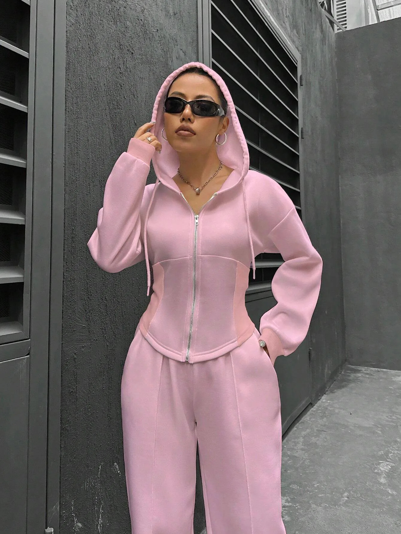 Grey bomber jacket womens 2piece casual long sleeved zipper solid sportswear Trouser set autumn 241008