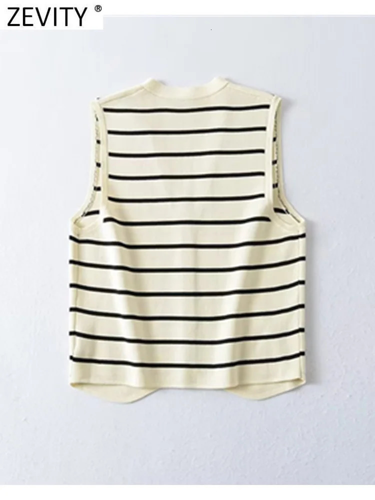 Zevity Women Fashion V Neck Sleeveless Striped Pattern Knitted Vest Sweater Female Chic Single Breasted Cardigan Tops SW4789 240924