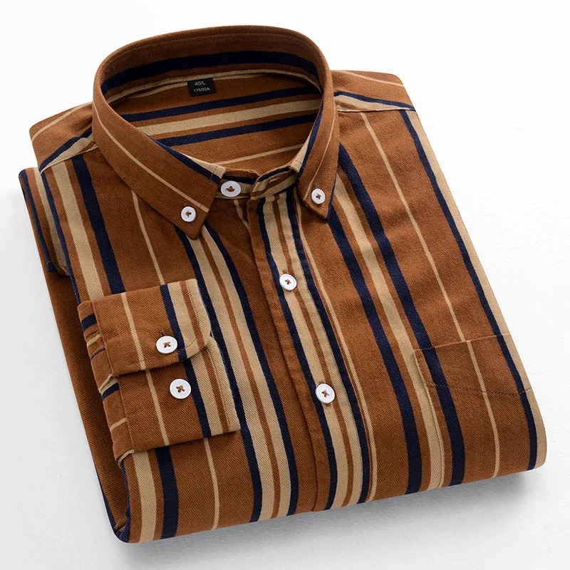 Fashion korean trends casual long-sleeve shirts for men slim fit plain shirt 100%cotton plaid striped tops soft clothes 241010
