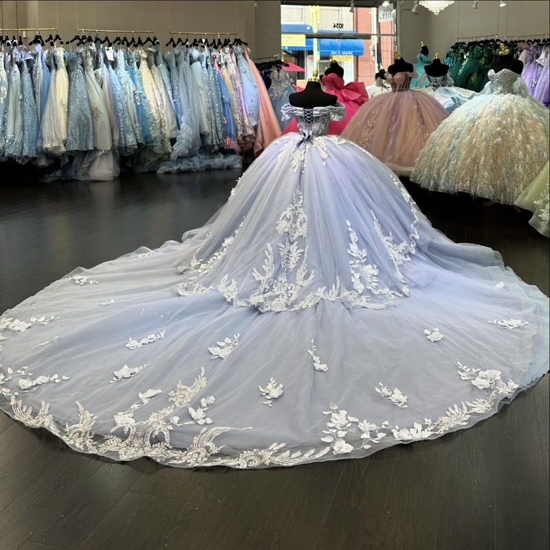 Light Blue Quinceanera Dress Ball Gown Off The Shoulder 3D Flower Lace Applique Beaded Crystal Tull Corset Sweet 16 Dress Vestidos De 15 Anos