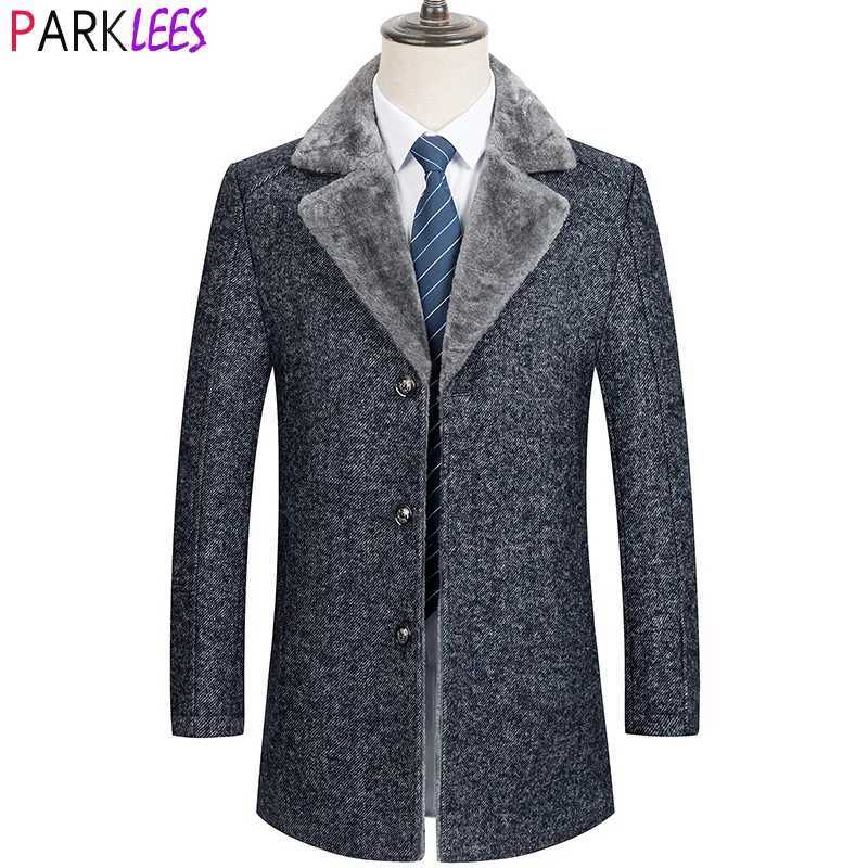 Mens Luxury Herringbone Tweed Wool Coat 2022 Winter Brand Fake Fur Collar Gray Trench Coat Men Slim Fit Overcoat Windbreaker LX241010
