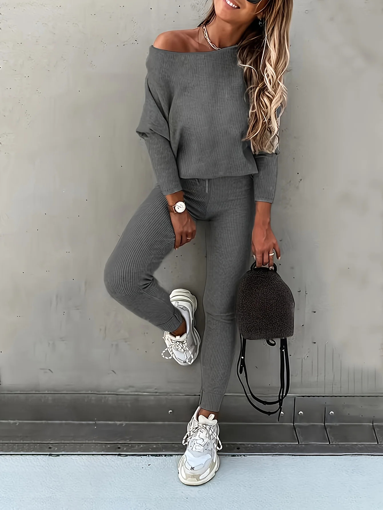 2024 Upgrade materials Casual Solid Sports Two-piece Set With Slanted Shoulder Long Sleeve Hoodies Tied Striped Pants Set 241010