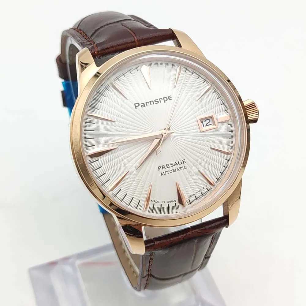 Parnsrpe Mens Mechanical Watch NH35 Movement Vintage Round Rose Gold Case Premium Leather Strap 40mm Mens WatchX241010