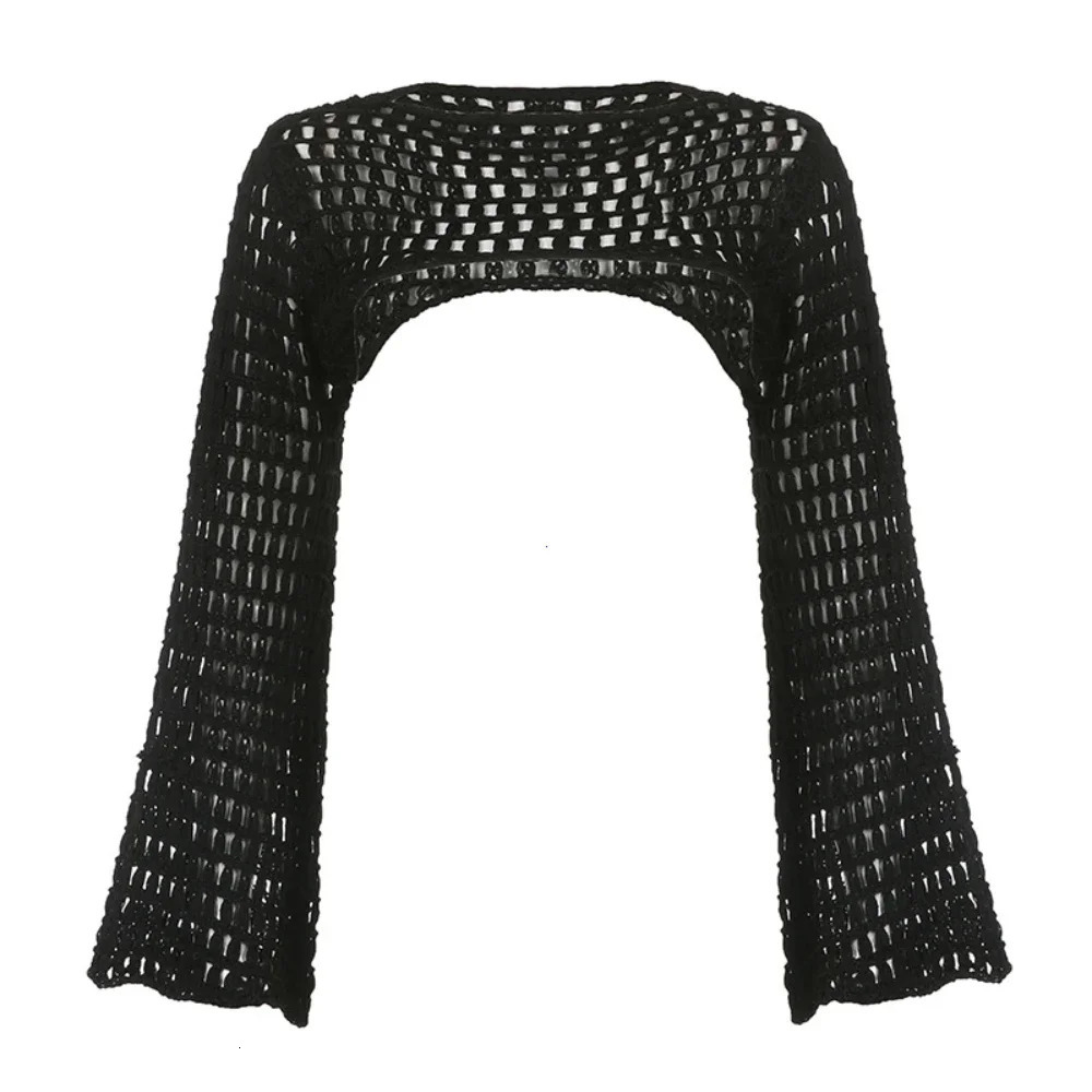 Women Y2k Crochet Knit Hollow Out Crop Top Long Flared Sleeve Shrug Sweater Mesh Cover Ups Cardigan Streetwear Pullover 241010