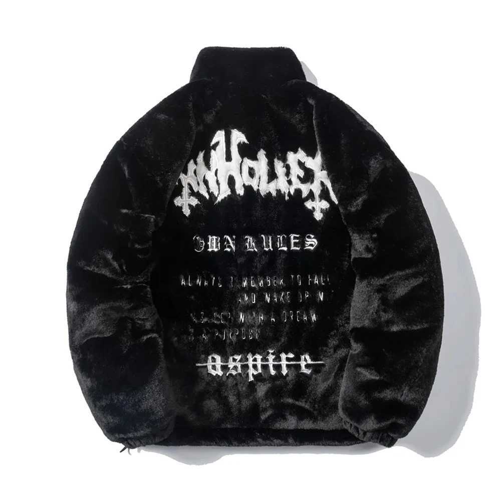 Men's Down Parkas Mens rabbit fur leather jacket hip-hop retro letter winter Flce jacket T-shirt casual Harajuku jacket zipper fashion jacket Y24