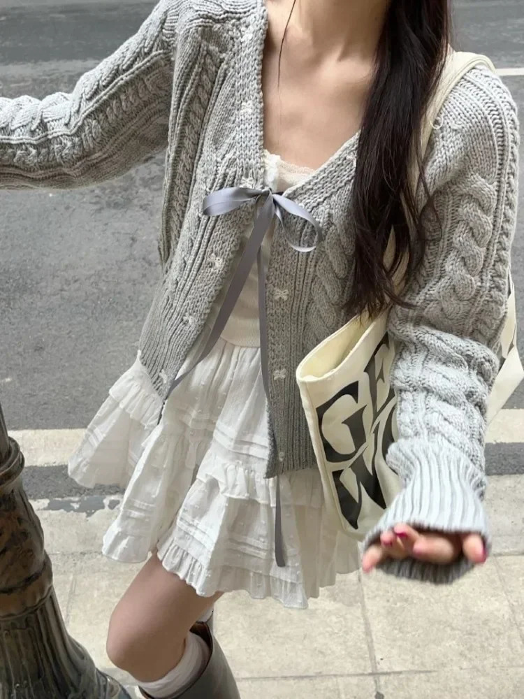 Deep city Korean fashion gray cardigan wool sweater womens sweet Jill bow bandage Coquette knitted sweater sleeveless casual long sleeved top autumn 2