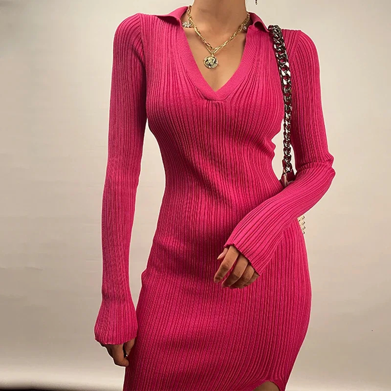 YuooMuoo Autumn Winter Knit Rib Wrap Midi Pencil Dress for Women Streetwear Korean Long Sleeve Bodycon Split Sweater Party Dress 241010