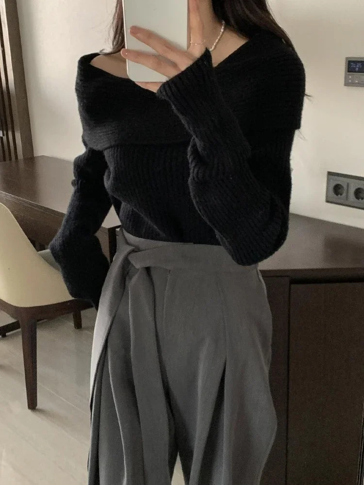 Deeptown Knitted Off Shoulder Sweater Womens Elegant Pulling Autumn Fashion Winter Sexy Korean Knitted Y2k Top 240927