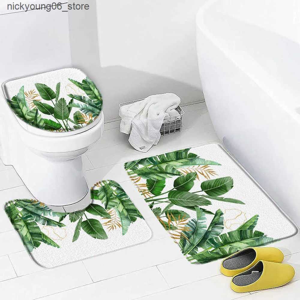 Non-Slip Bath Mats Tropical Leaves Bath Mat Set Watercolour Plants Green Gold Palm Leaf Monstera Flannel Bathroom Decor Non-Slip Rugs Toilet Cover L24