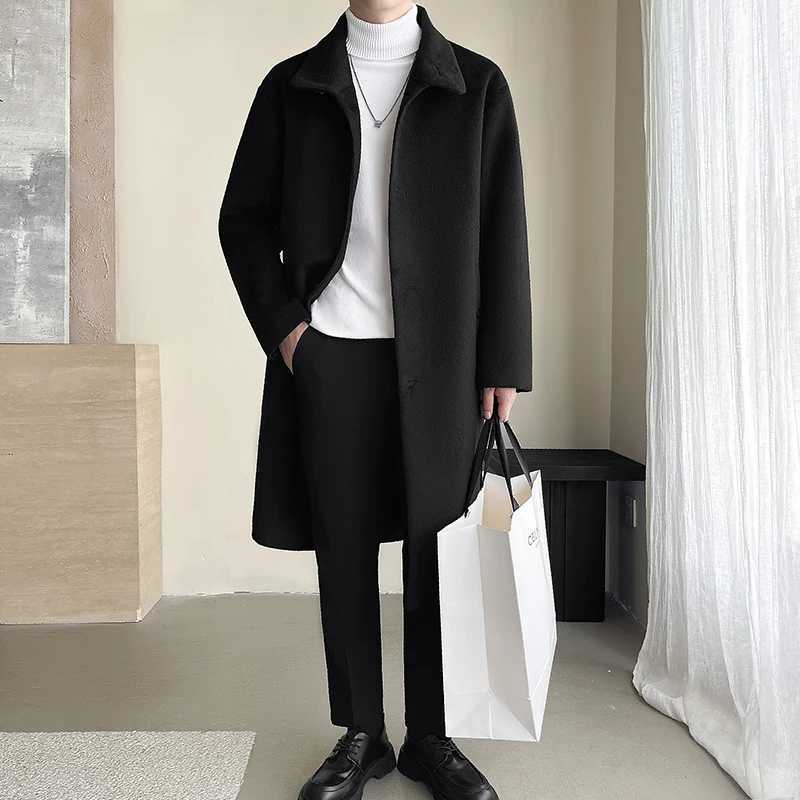 Autumn Winter Male Wool Blend Coats Fashion Long Business Casual Woolen Outwear Men Turn Down Collar Trench Coat Winbreaker Man LX241010