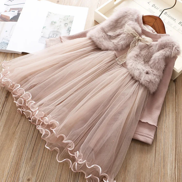 1-7 year old winter girls pink long sleeved lace bow dress baby vest dress childrens clothing princess solid color dress 241008