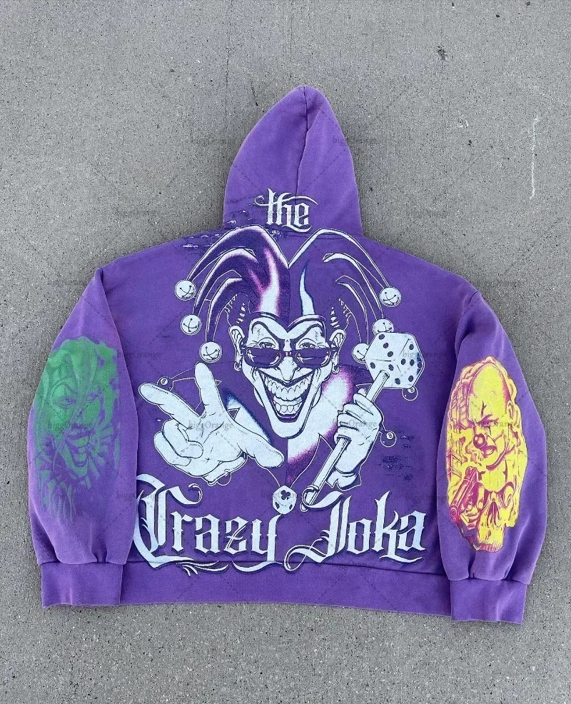 US Retro Hoodie Personalized Printed Purple Oversized Pullover Sweatshirt Y2K Loose Casual Couple Top 241010