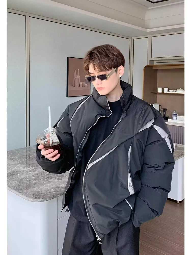 Men's Down Parkas American oversized Parka mens color block pleated paddle jacket high waist loose fit warm zipper jacket winter casual top Y2410