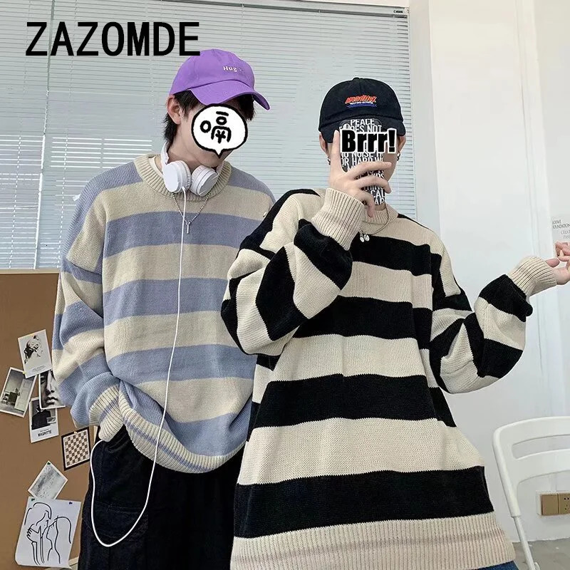 ZAZOMDE Couple Sweater Classic Autumn Striped Knitted Sweater Retro O-neck Pullover American Loose Harajuku Mens Retro Top 241007