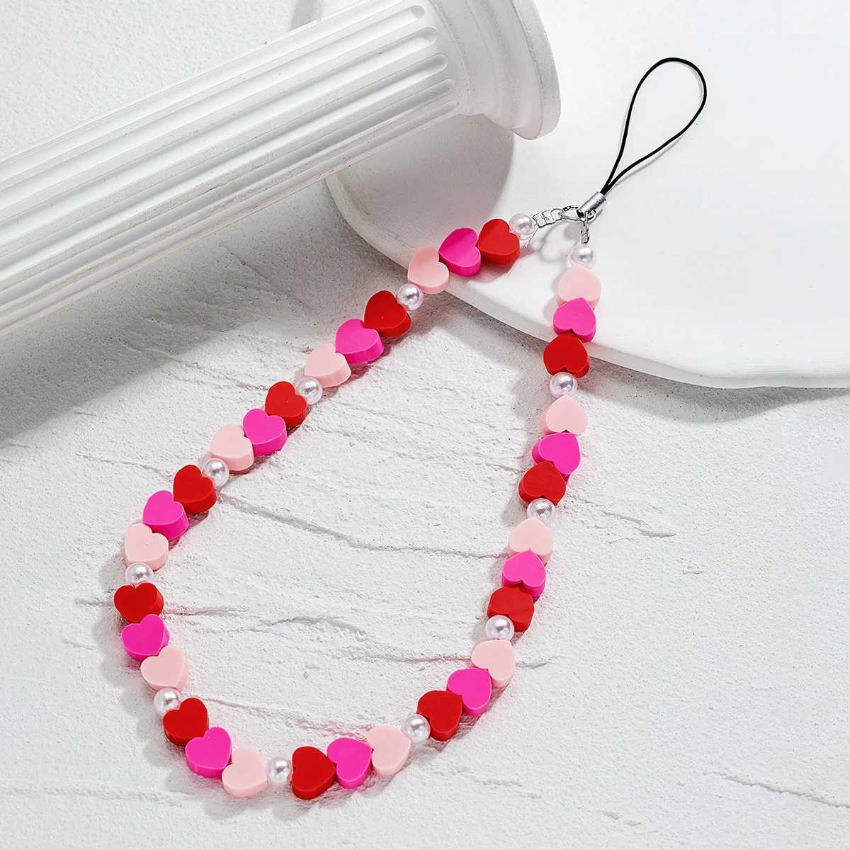 Sweet Fashion Pink Love Imitation Pearl Beaded Mobile Phone Chain Women Girls Rope Chain Practical Classic Accessories JewelryX241010