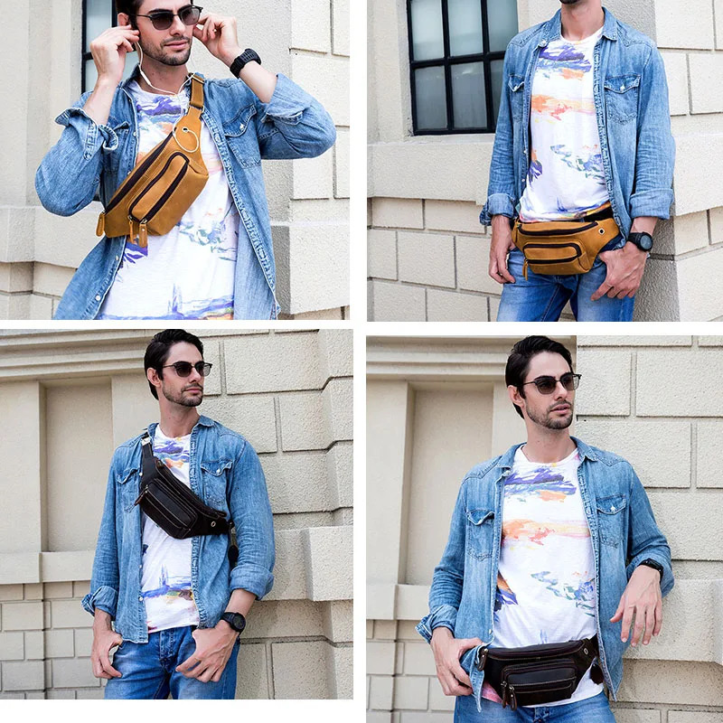 Leather mens multifunctional waist bag denim fun chest bag high-quality mens mini shoulder cross bag mobile phone bag 241008
