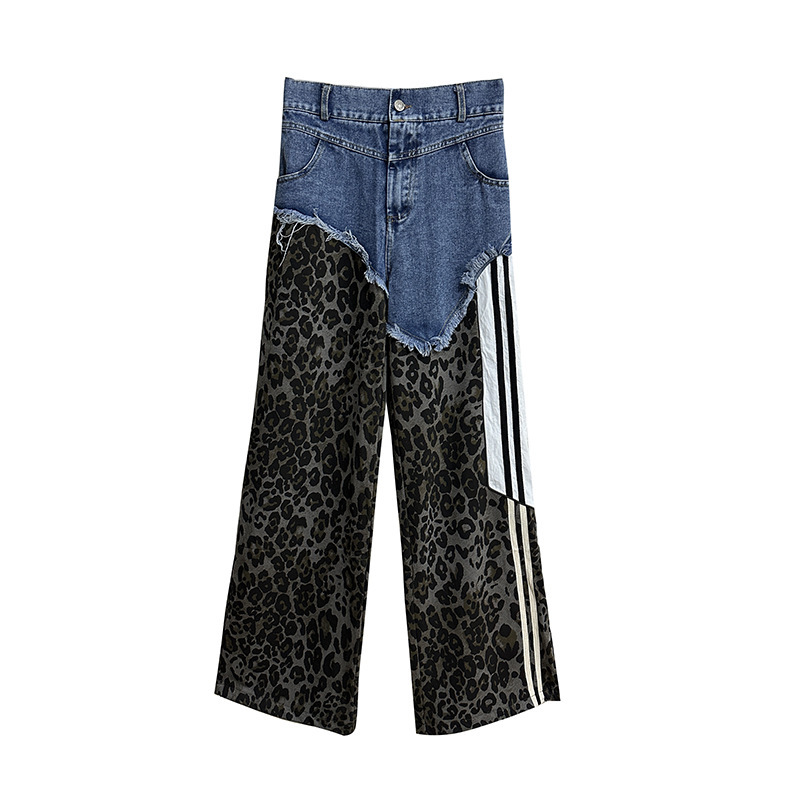 NYFS 2024 Summer New European American Street Woman Trendy Jeans Loose Plus Size Elastic Waist Denim Leopard Patchwork Trousers
